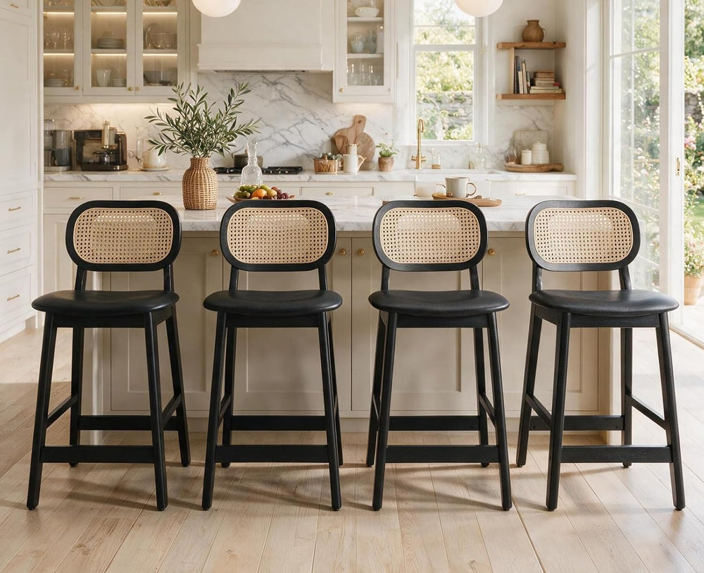 Shunzhi Rattan Counter Height Bar Stools Set of 4, Wood Farmhouse Barstools w...