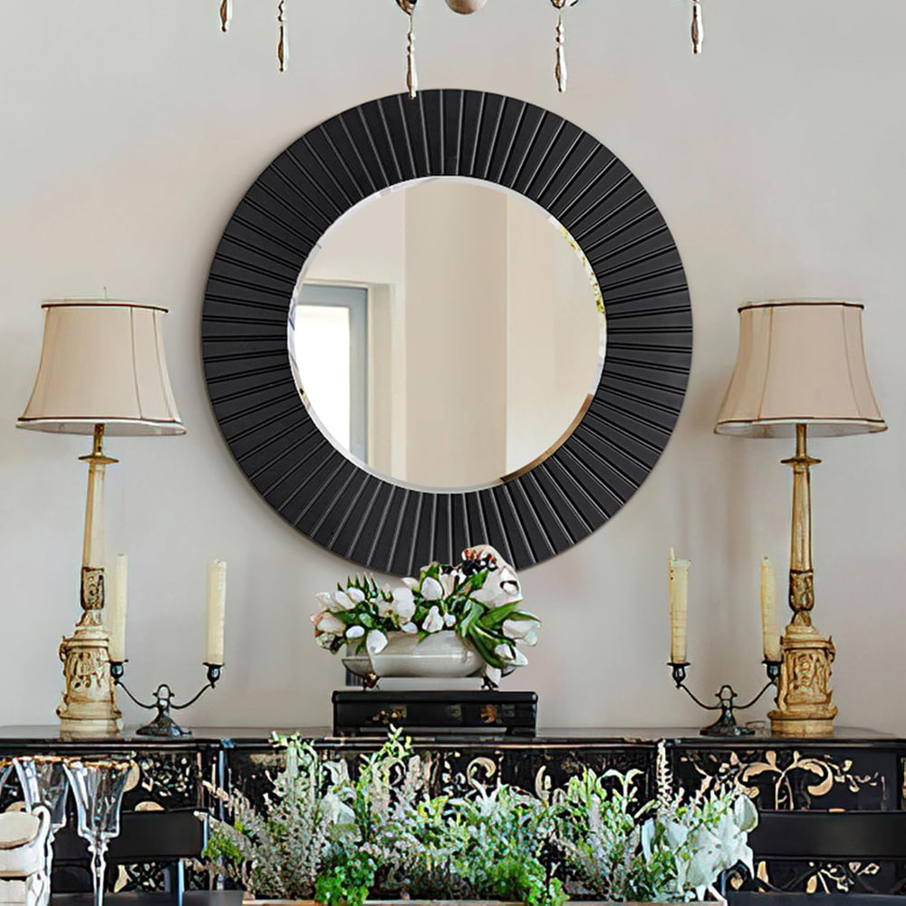 Chende 30'' Black Round Wall Mirror for Bathroom with Fluted Wood Frame