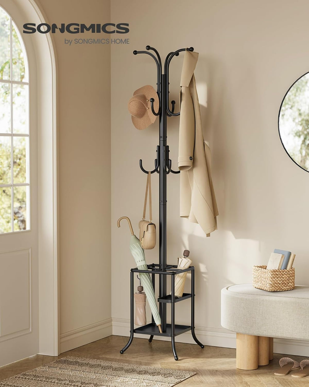 SONGMICS Metal Coat Rack Freestanding, with Umbrella Holderl, 12 Hooks
