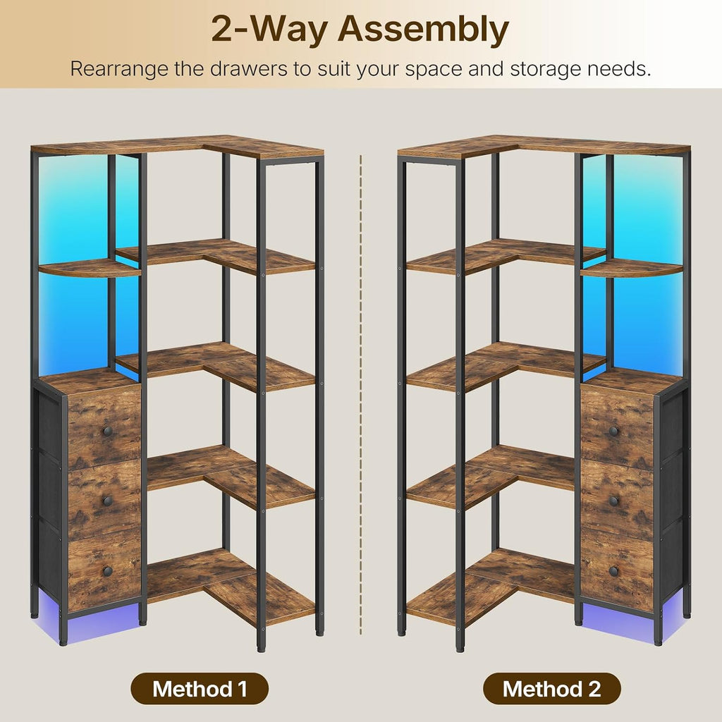 YATINEY Corner Bookshelf, 5-Tier L-Shaped Bookcase with 3 Fabric Drawers, Storage Display Shelf, Freestanding Tall Open Shelf, for Living Room, Bedroom, Home Office, Rustic Brown SJ12BR