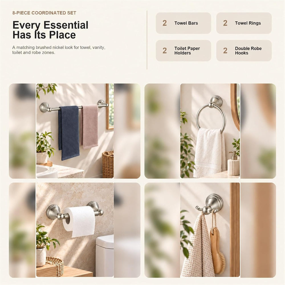 8Pcs Brushed Nickel Bathroom Accessories Set Towel Racks for Bathroom