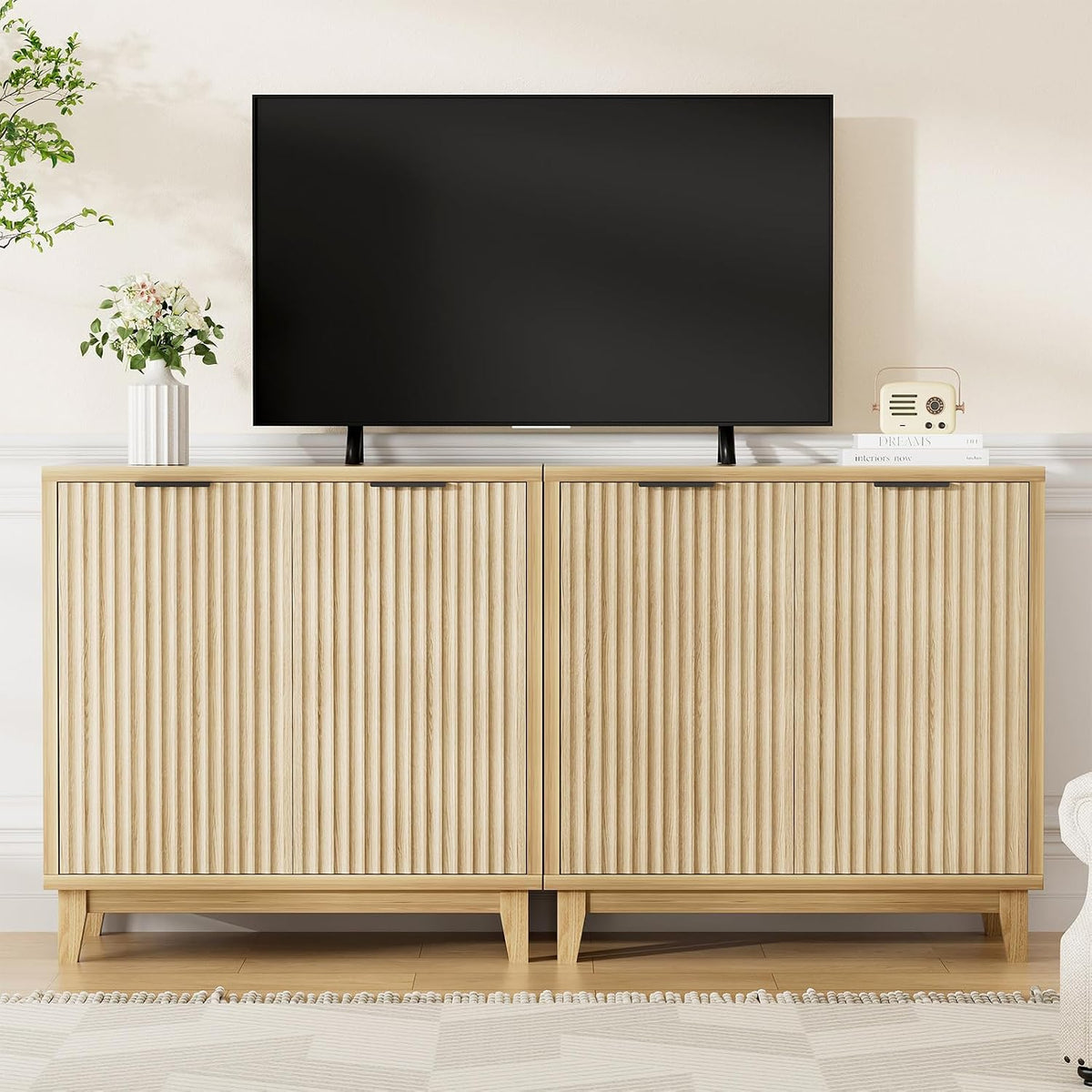 Fluted Cabinet with Storage, Mid Century Modern 2 Doors Sideboard Buffet