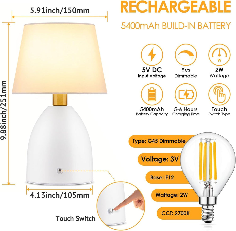 GGOYING Cordless Table Lamp, 5400mAH Battery Operated 4-Way Dimmable 2 Pack