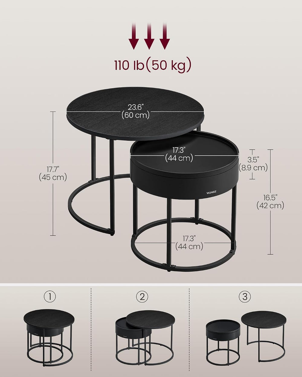 VASAGLE Round Coffee Tables, Set of 2 Nesting Tables, Hidden Storage