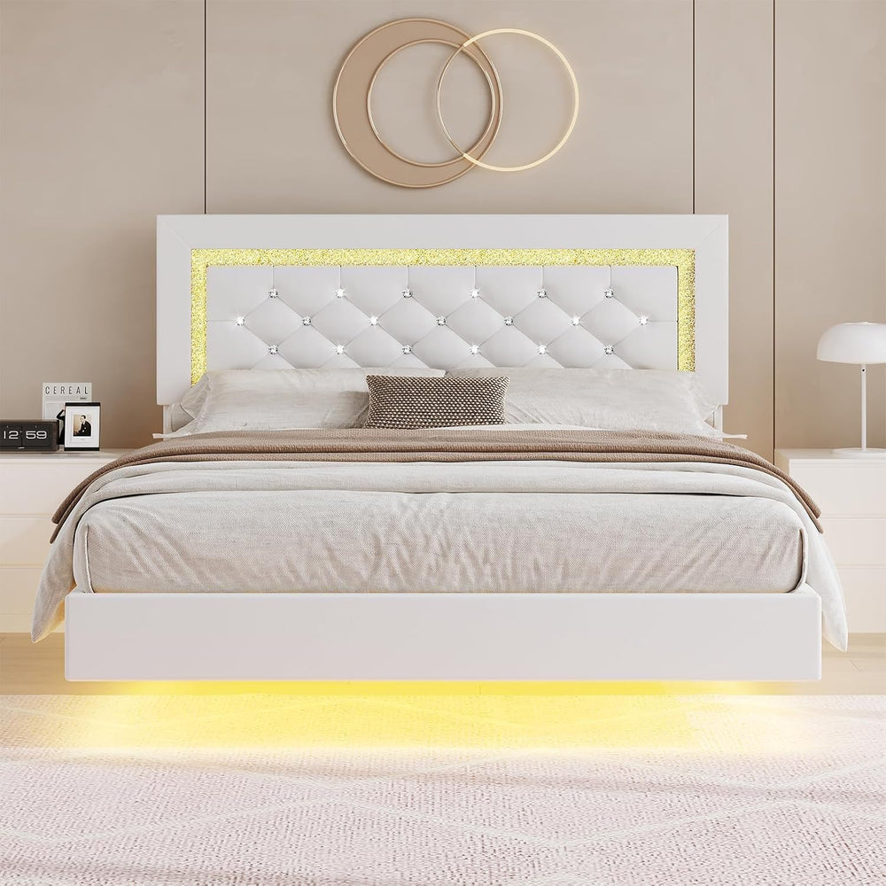 Floating Bed Frame Queen with LED Lights and Diamond Headboard,White