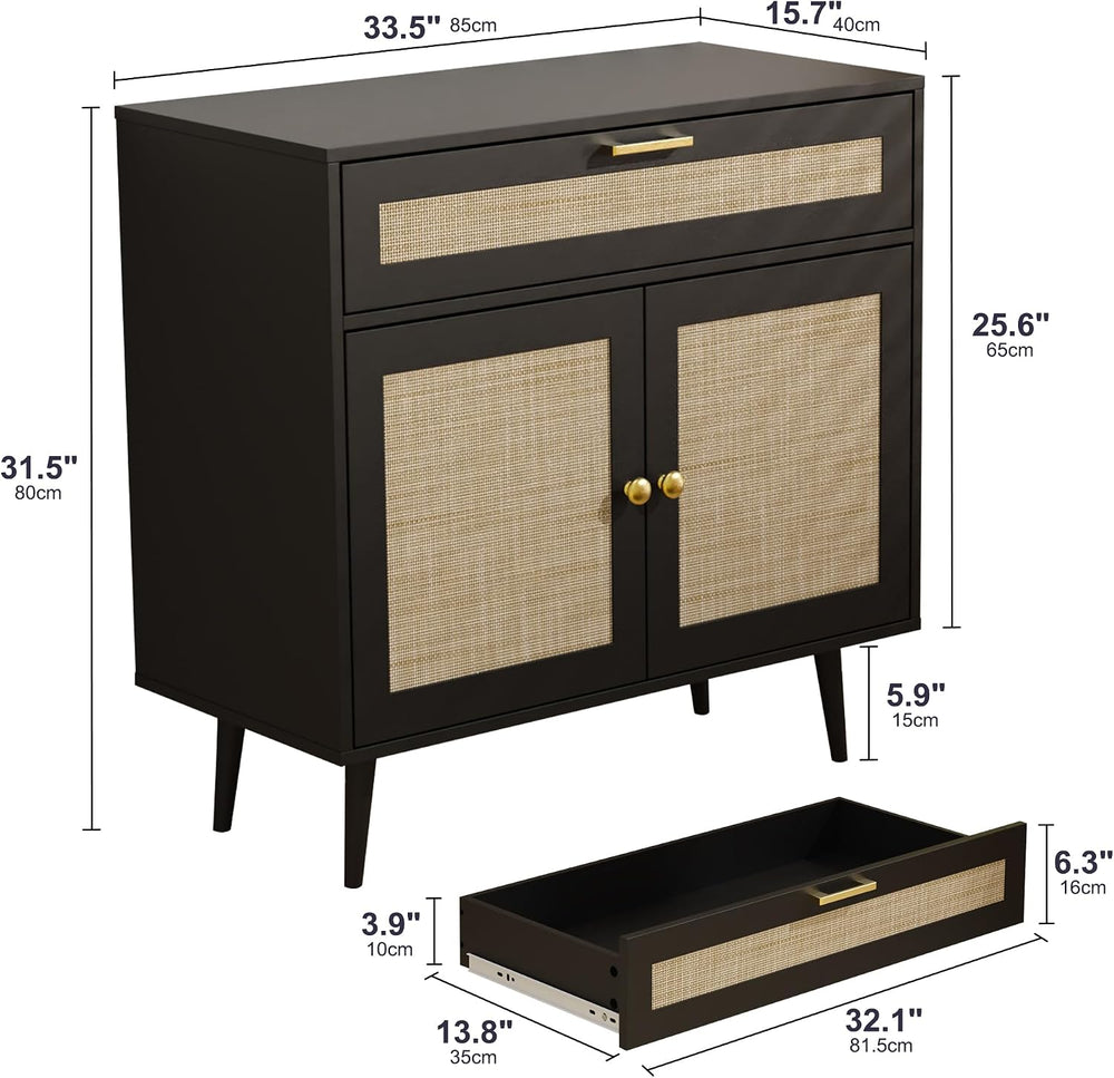 Furnify Rattan Sideboard Buffet, Boho Kitchen Cabinet with Drawer & 2 Doo...