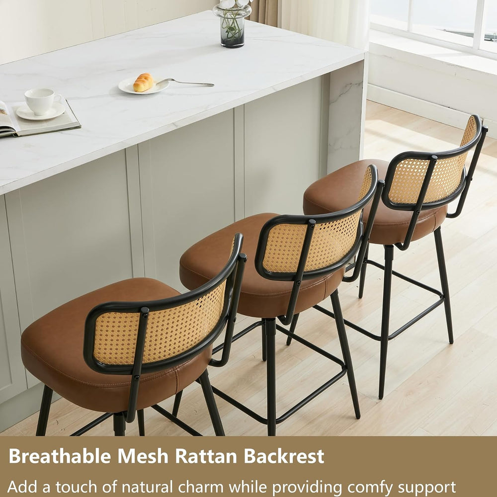 Rattan Bar Stools Set of 3, Swivel Counter Height, Brown