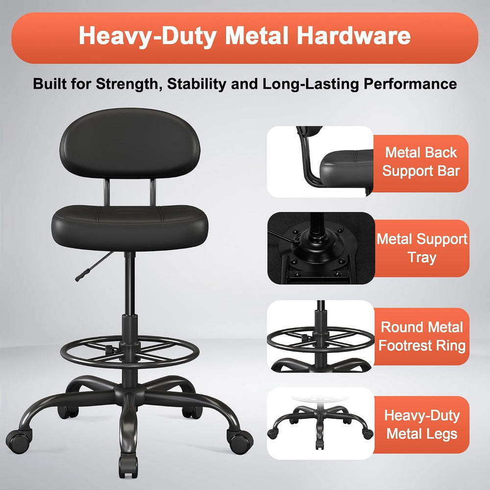 Armless Drafting Chair with Back, Tall Office Chair for Standing Desk, PU Fau...
