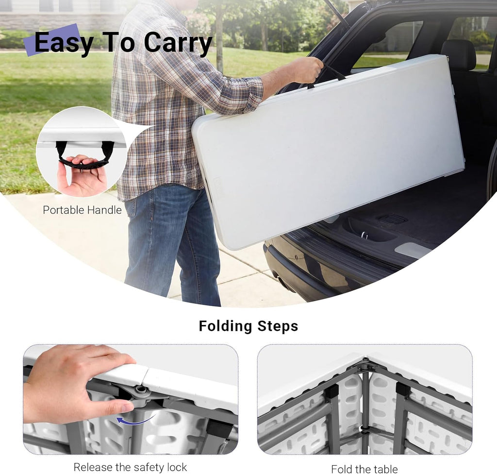 Byliable Folding Table 6FT Narrow Portable Plastic Heavy Duty Table, White
