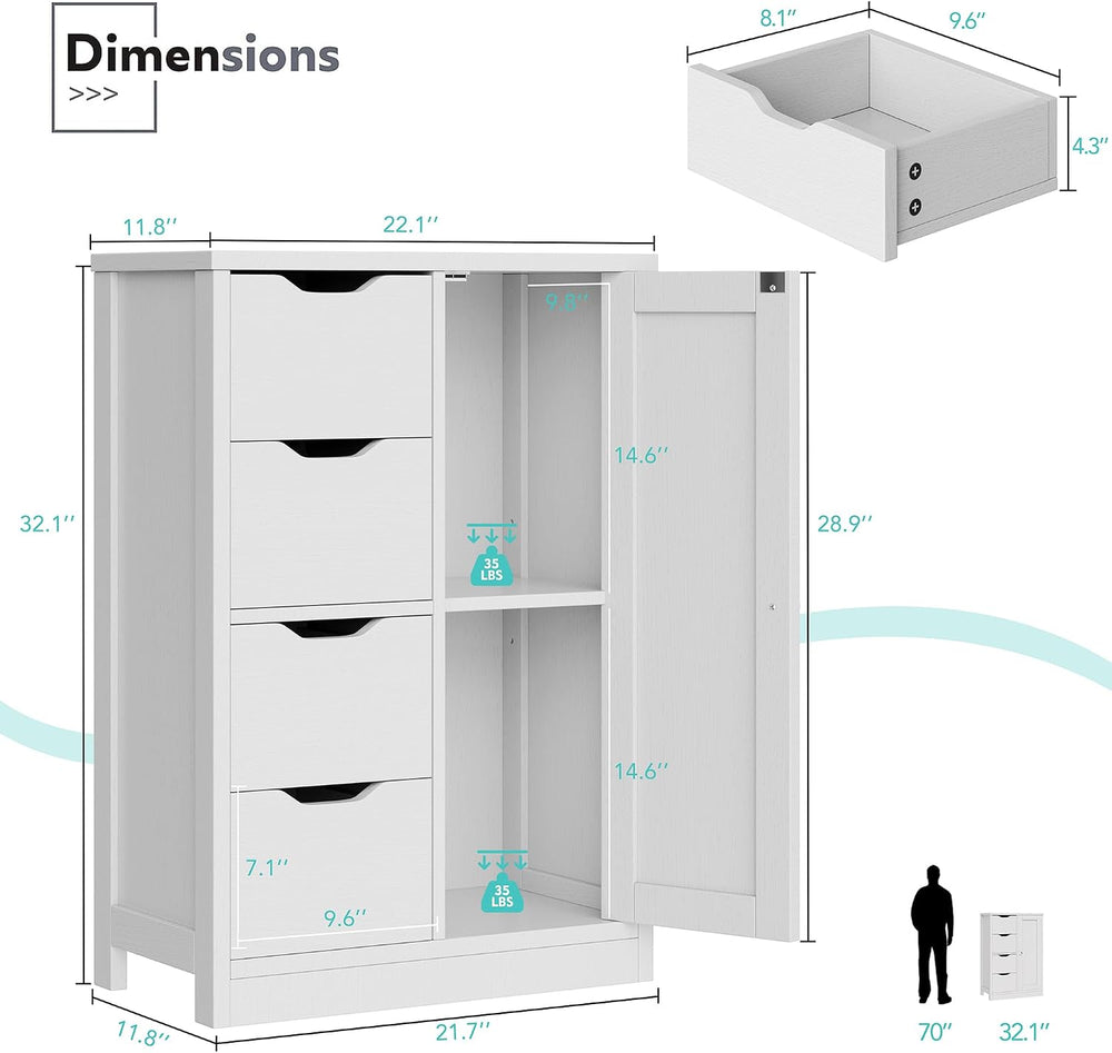 Vongrasig Small Bathroom Storage Cabinet with 4 Drawers & Door, White