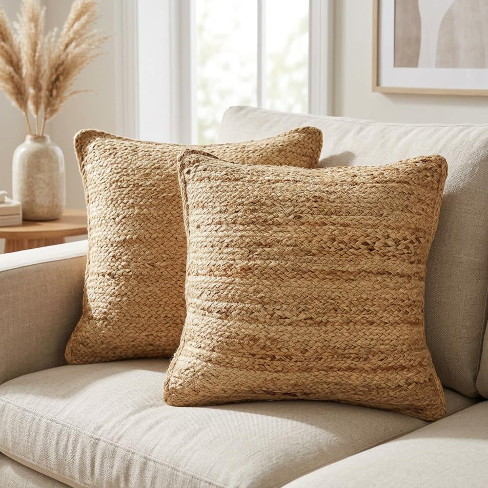 The Fine Living Co. Jute Pillow Covers 18x18, Set of 2 Jute Cushion Covers
