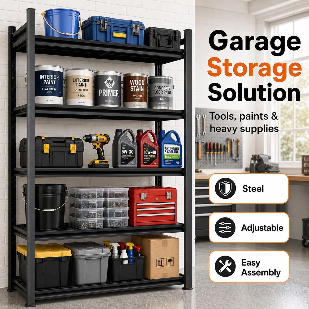 Heavy Duty 5 Tier Metal Garage Shelving, 72" H × 36" W × 16" D