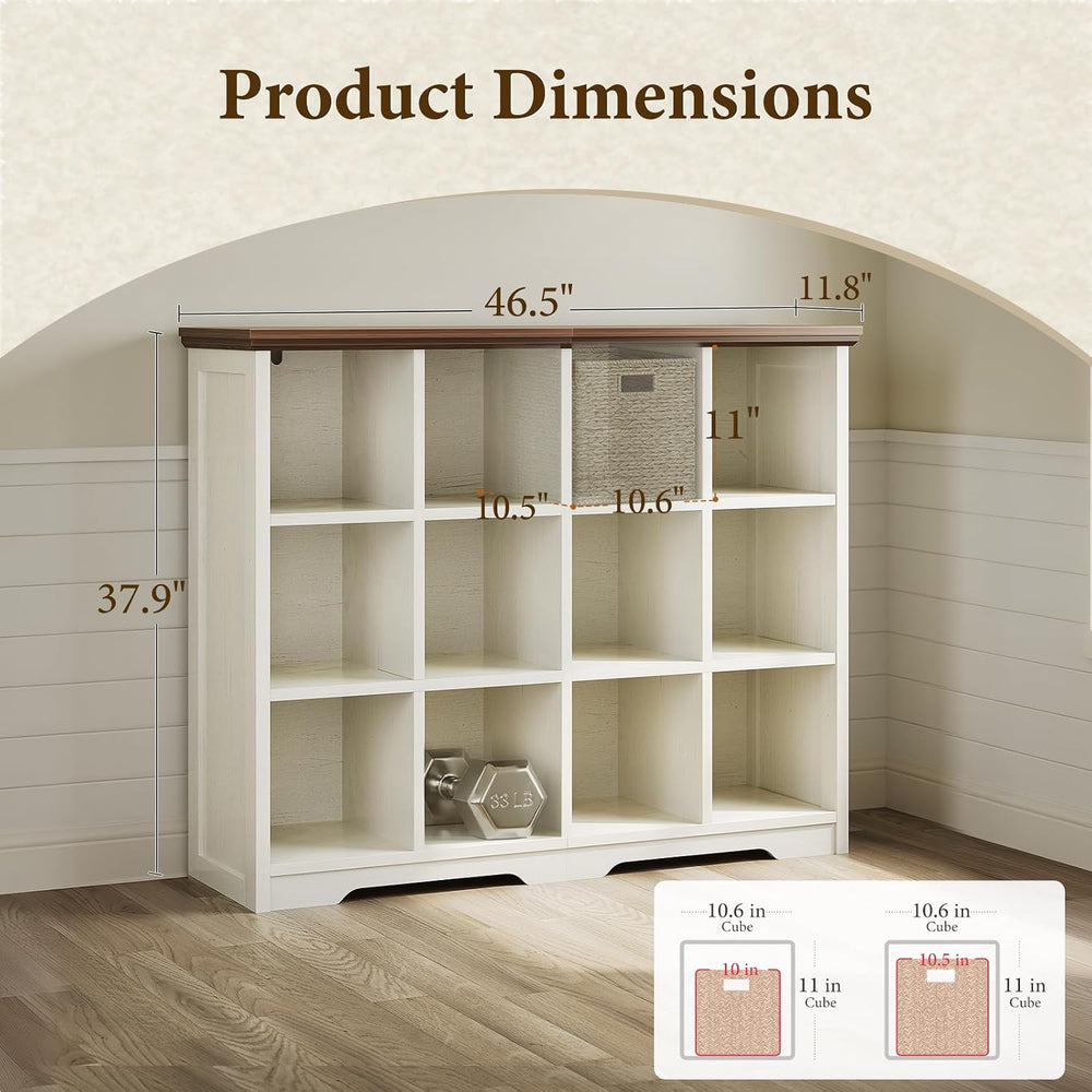 OffiGo 12 Cube Organizer Bookcase, Cube Shelf with Storage, Walnut + White