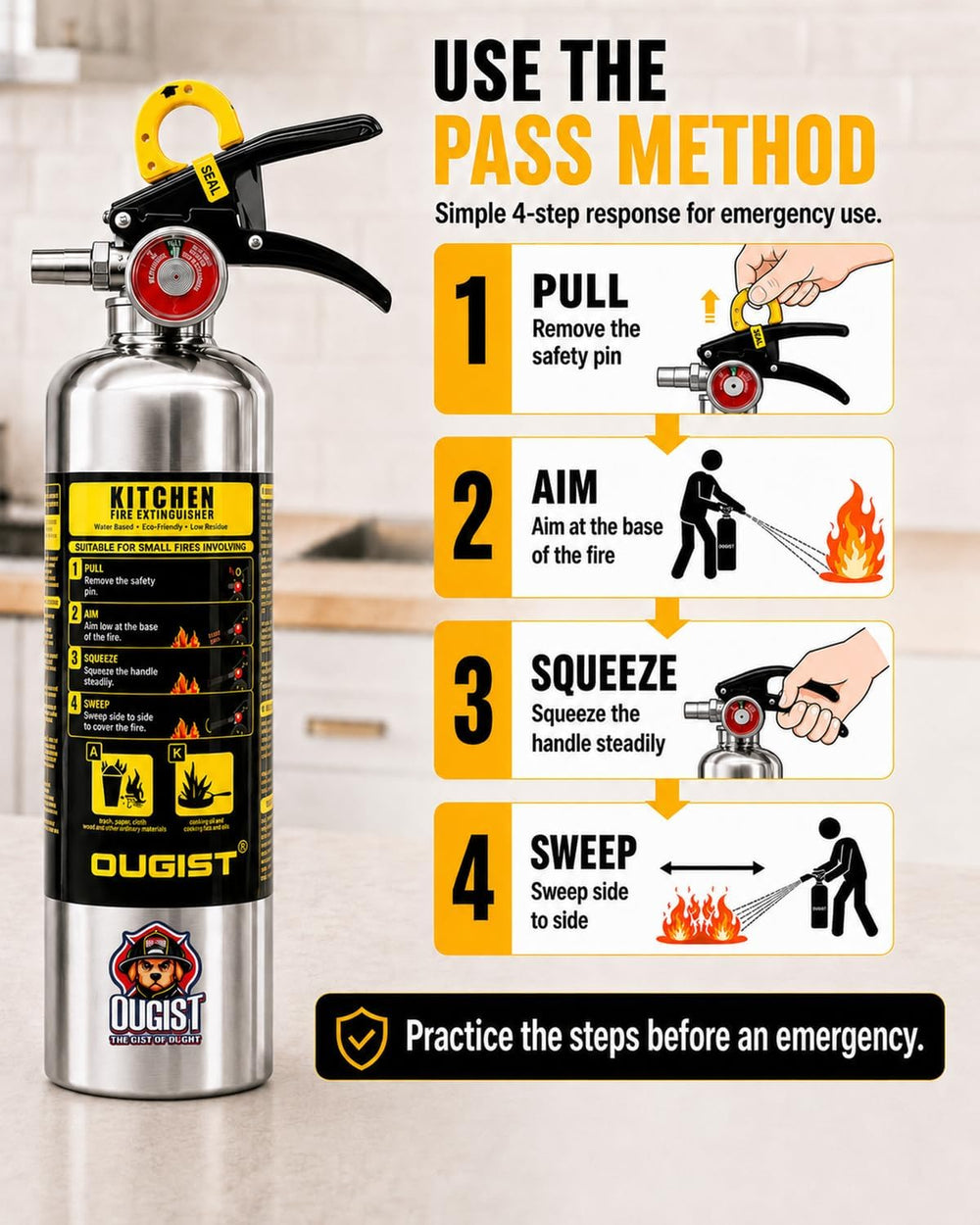 Ougist Class K Fire Extinguisher for Kitchen, 1-A:K, 34 Fl Oz Wet Chemical