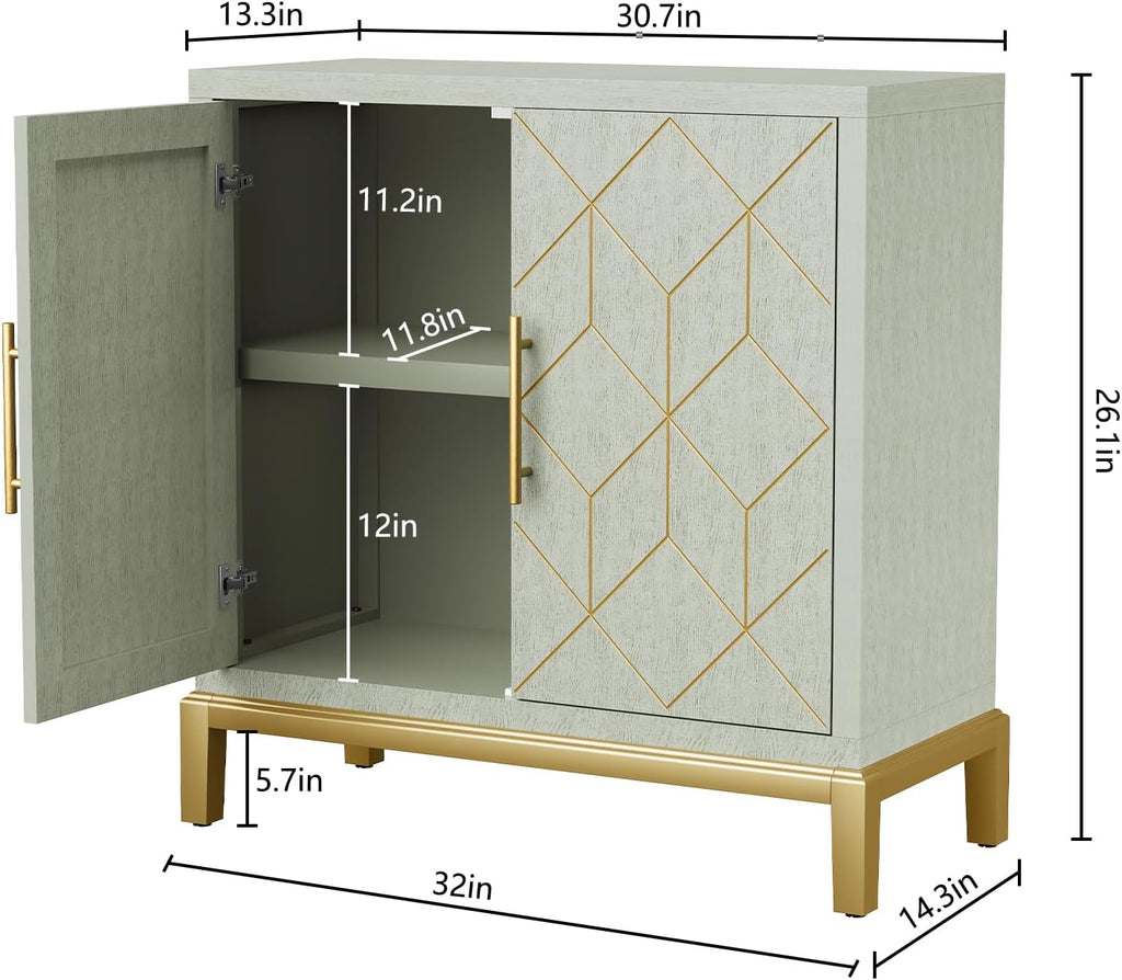 HLR Green Accent Cabinet with Gold Trim,Storage Cabinet with 2 Doors,Modern Wooden Sideboard for Living Room, Kitchen, Office and Hallway