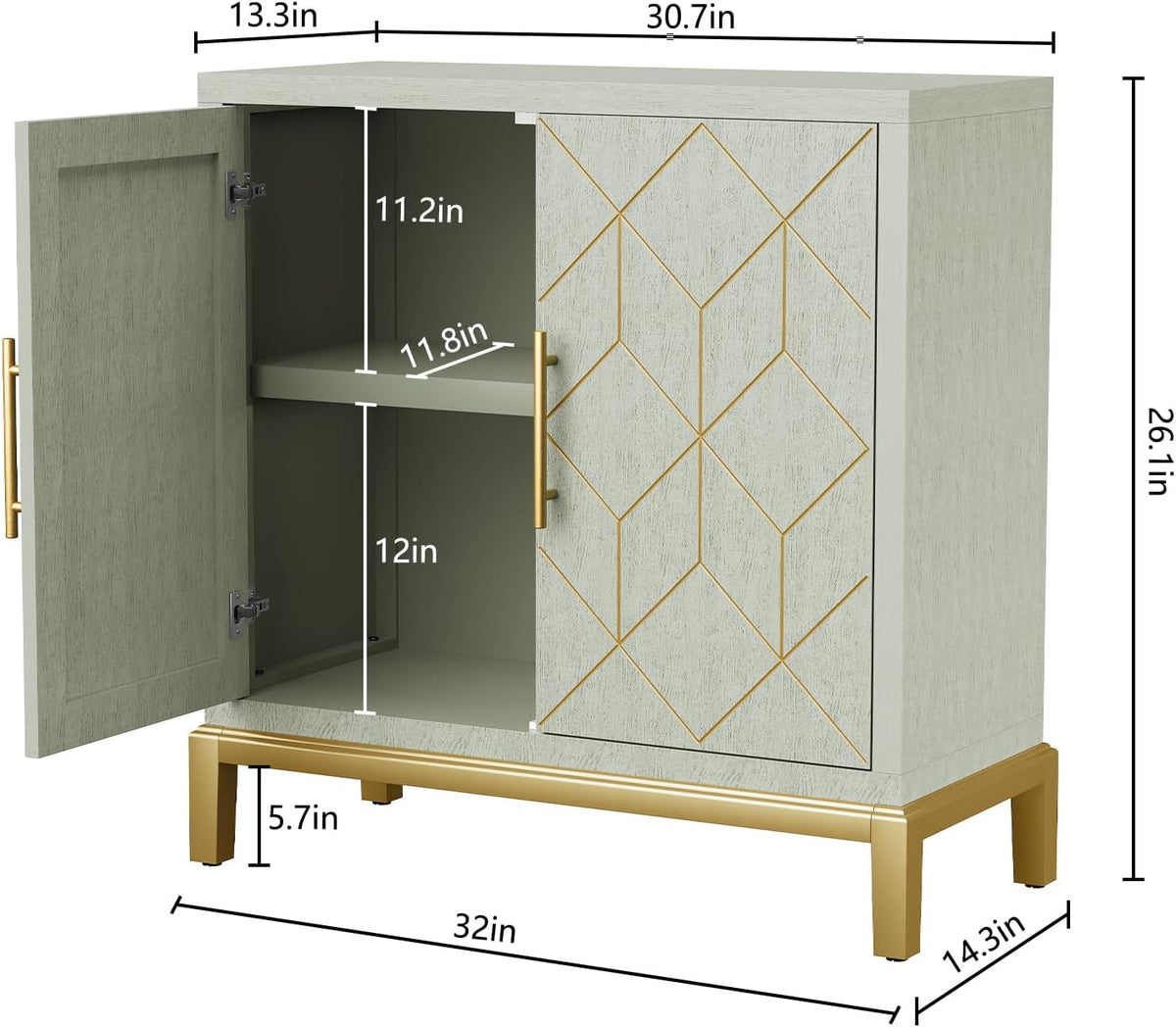 HLR Green Accent Cabinet with Gold Trim,Storage Cabinet with 2 Doors,Modern Wooden Sideboard for Living Room, Kitchen, Office and Hallway