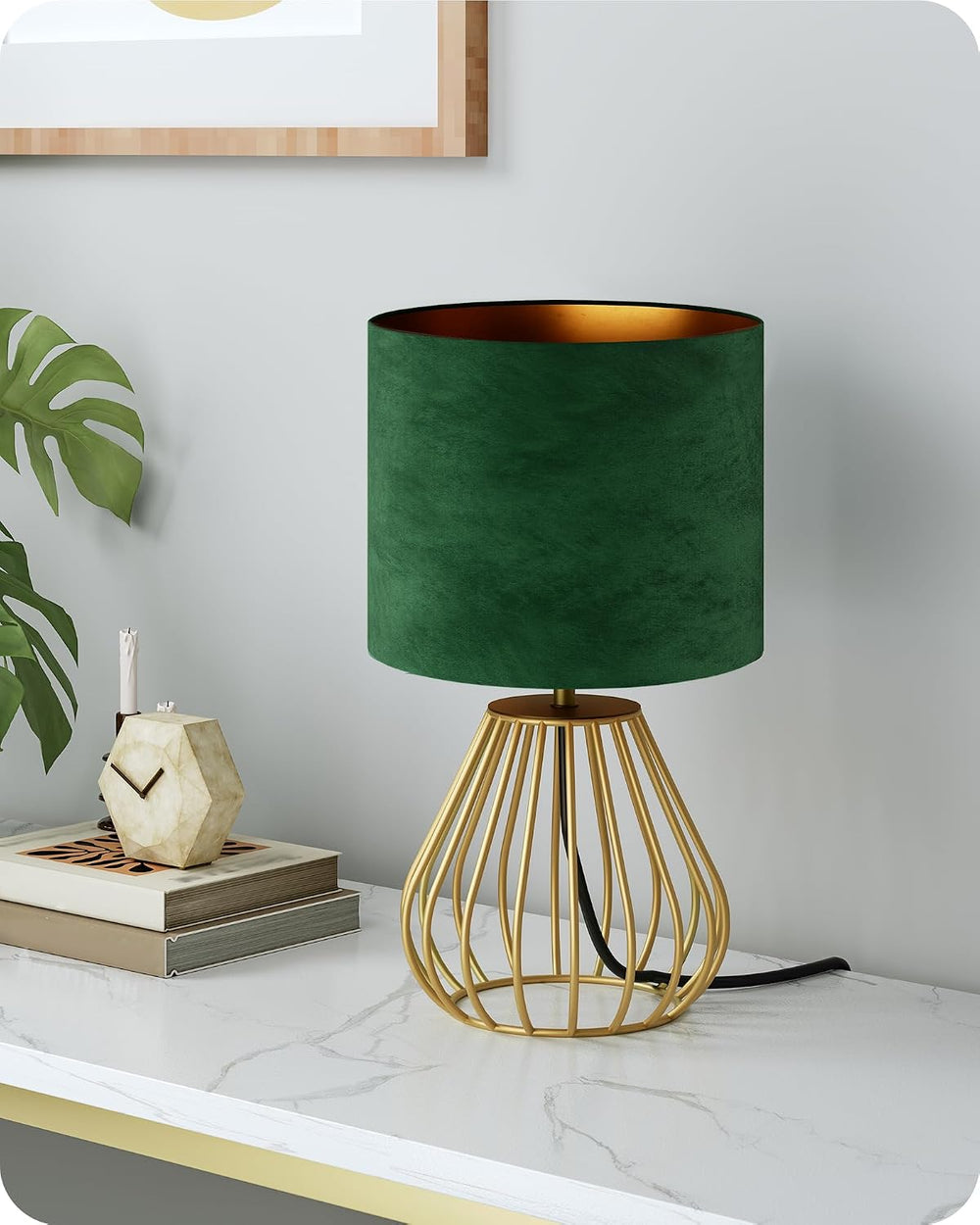 Green and Gold Table Lamp,12.6" Small Bedside Lamp with Bulb