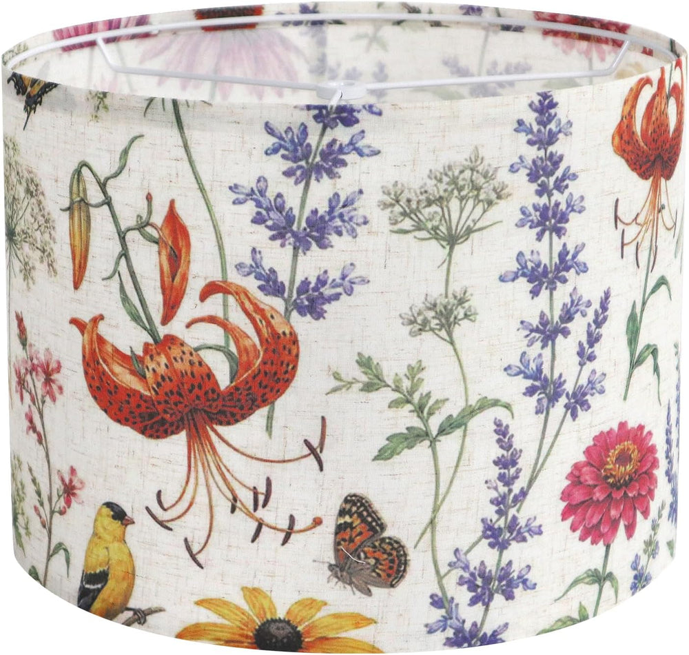 Drum Lampshades, Print Floral Linen Lamp Shade with White Frame