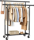 HYSEYY Clothes Rack, Double Rods Rolling Clothing Rack for Hanging Clothes, Portable Garment Rack with Wheels, Coat Rack Wardrobe Closet Load 240 LBS for Bedroom Laundry Room (Black, L)