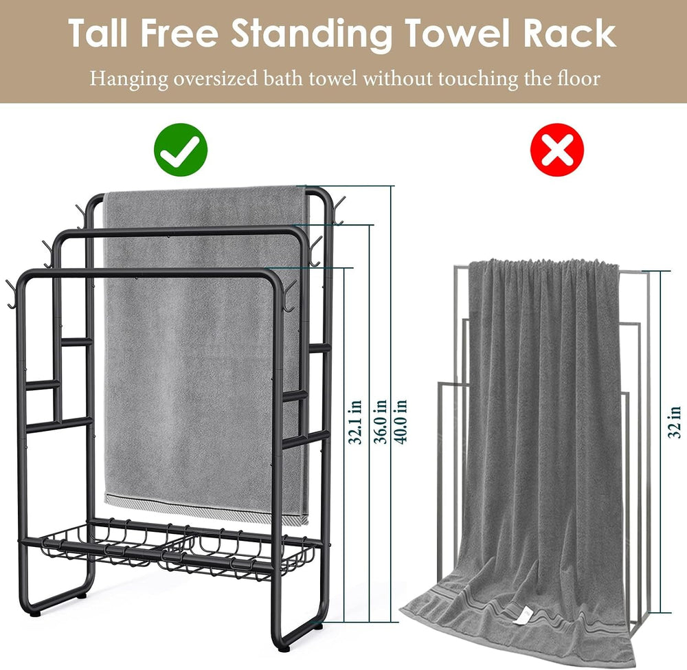 Kayfia 40'' Freestanding 3 Tier Metal Towel Rack, 2 Baskets & 6 H...