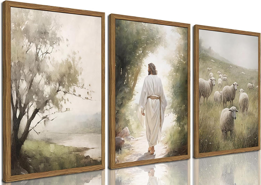 Framed Jesus Leaves the 99 Sheep Canvas Wall Art Set of 3, Christian Pictures...
