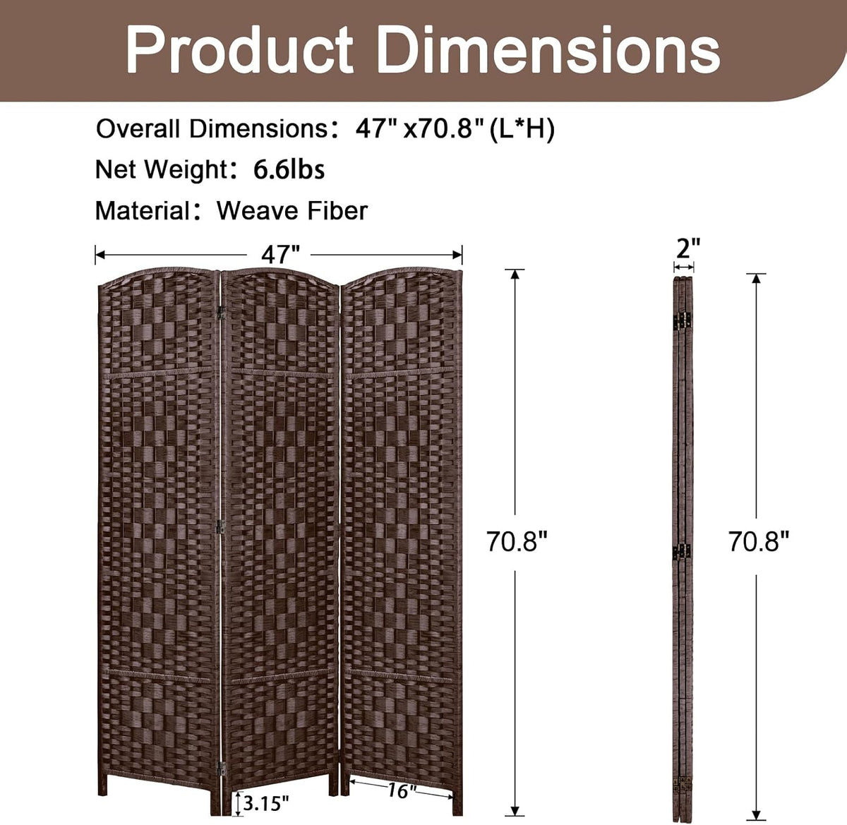 RHF Room Divider Panel,Partition Room Dividers,3Panel Privacy Screen,Brown