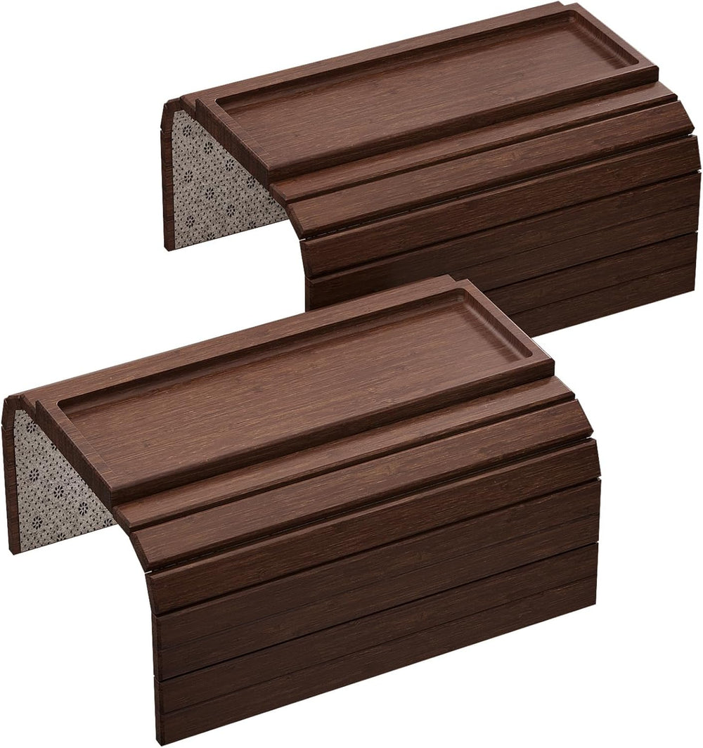 2 Pack Bamboo Folding Sofa Arm Tray with Anti-Slip Pad (Brown)