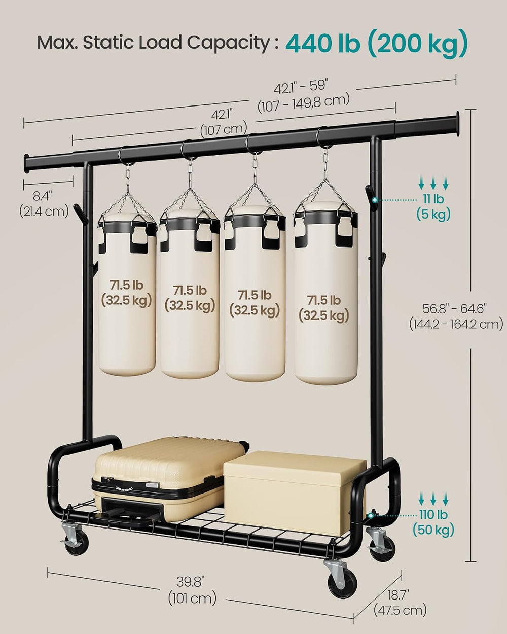 SONGMICS Clothes Rack, Heavy-Duty Rolling Garment Rack with Shelf