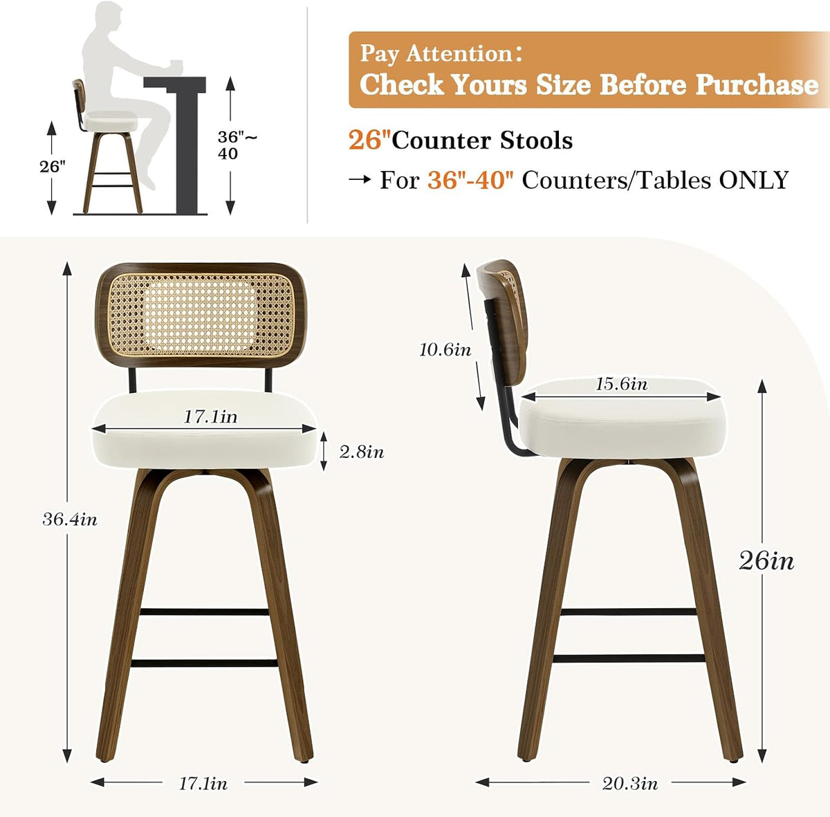 Bekrvio 26" Swivel Counter Height Bar Stools Set of 3, Cream White