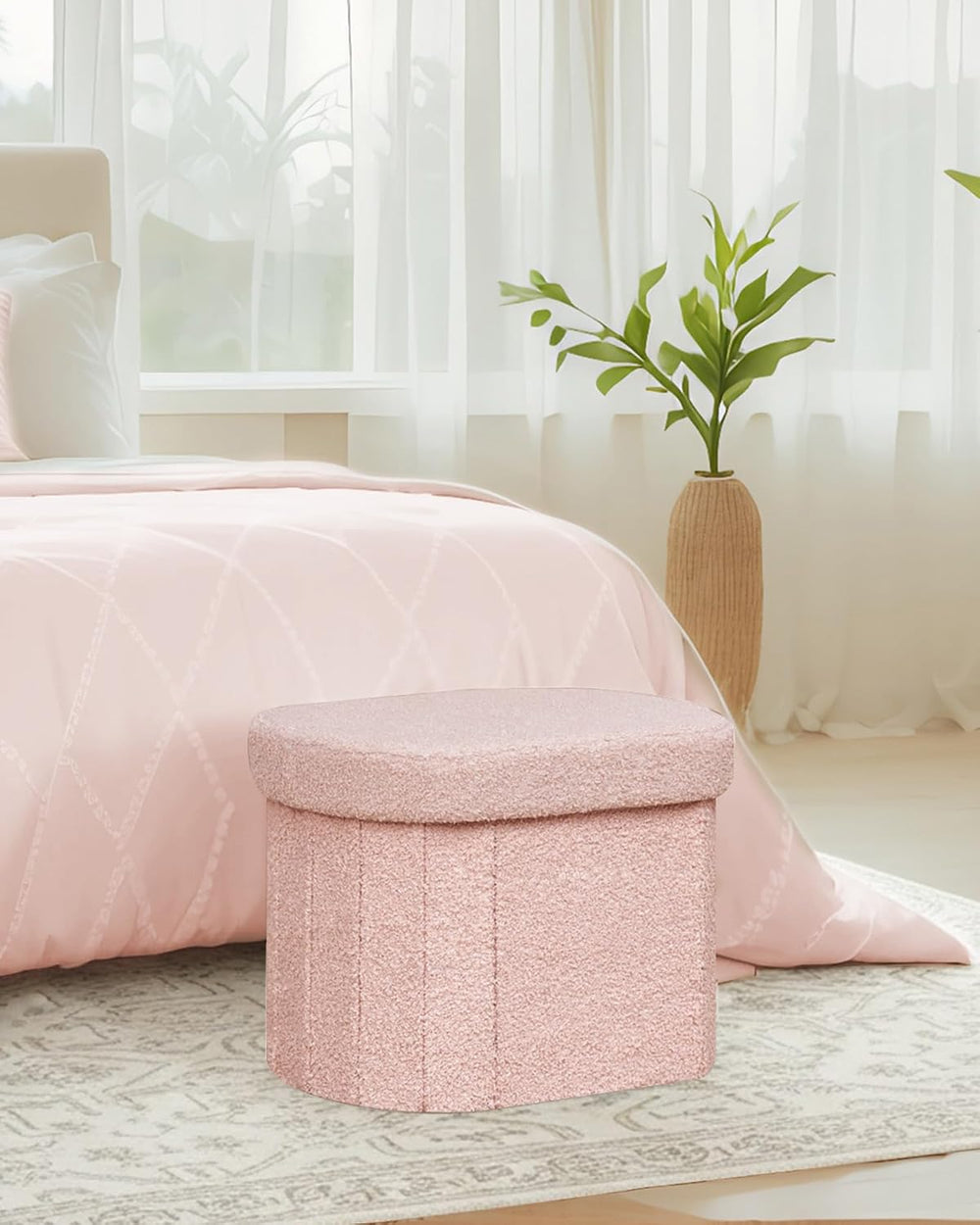 B FSOBEIIALEO 16.14" Boucle Storage Ottoman Cube for Dorm Room, Pink