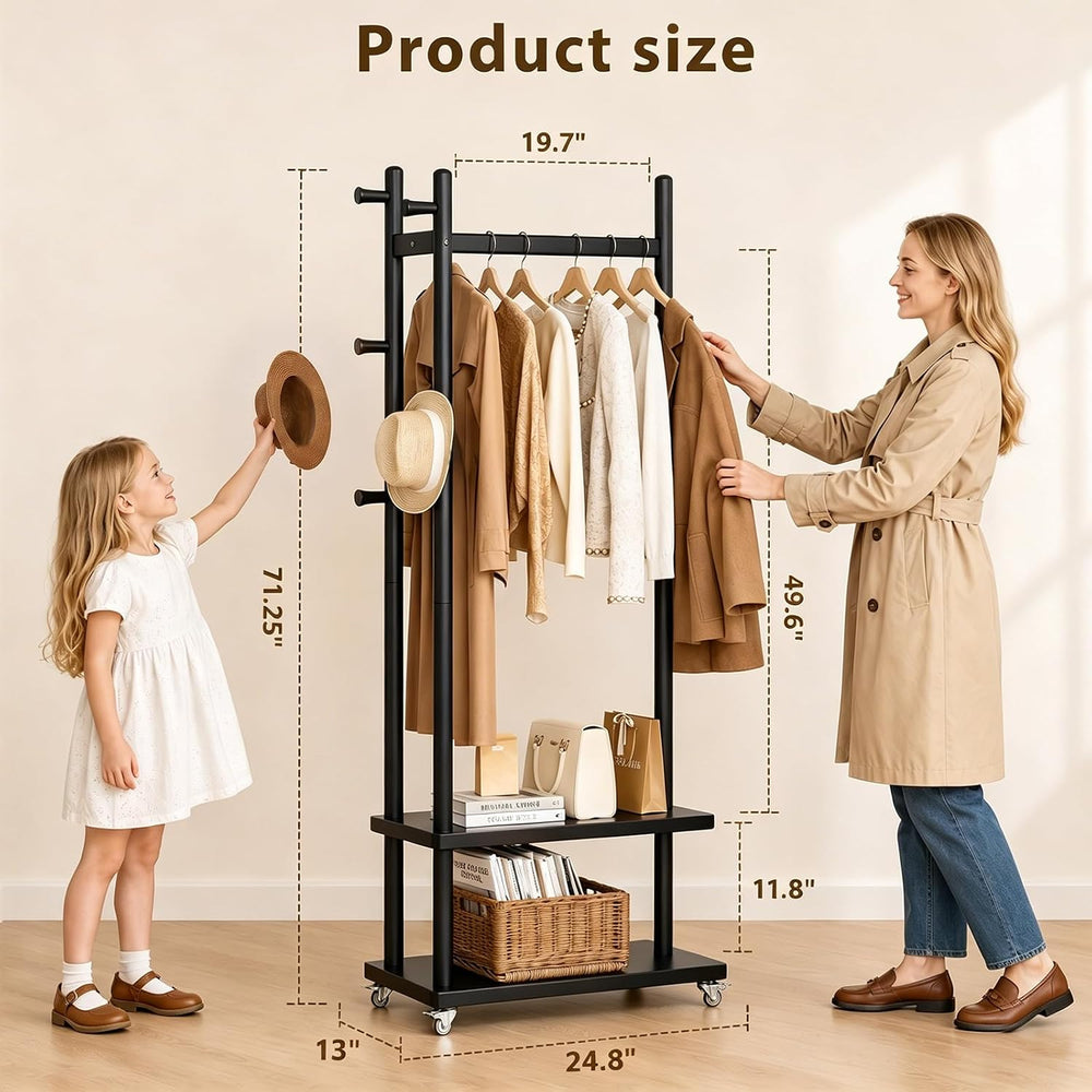 Taitiy Coat Rack Solid Wood Stand Storage 2 Shelves 5 Hooks Black