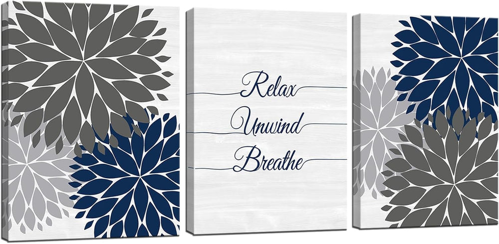 iHAPPYWALL 3 Pieces Relax Unwind Navy Bathroom Wall Art Blue and Grey Bath Fl...