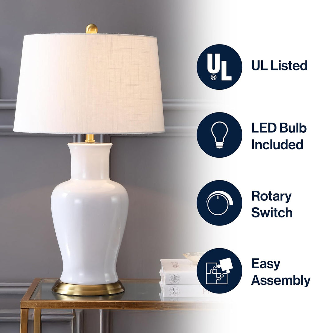 JONATHAN Y Julian Classic Ceramic Urn Metal LED Table Lamp 29", White/Gold