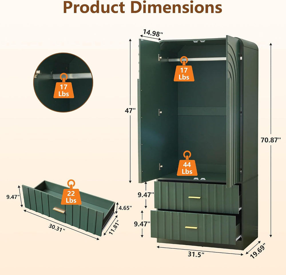 ORRD Freestanding Armoire Wardrobe Closet with Arched Fluted 2 Doors and 2 St...