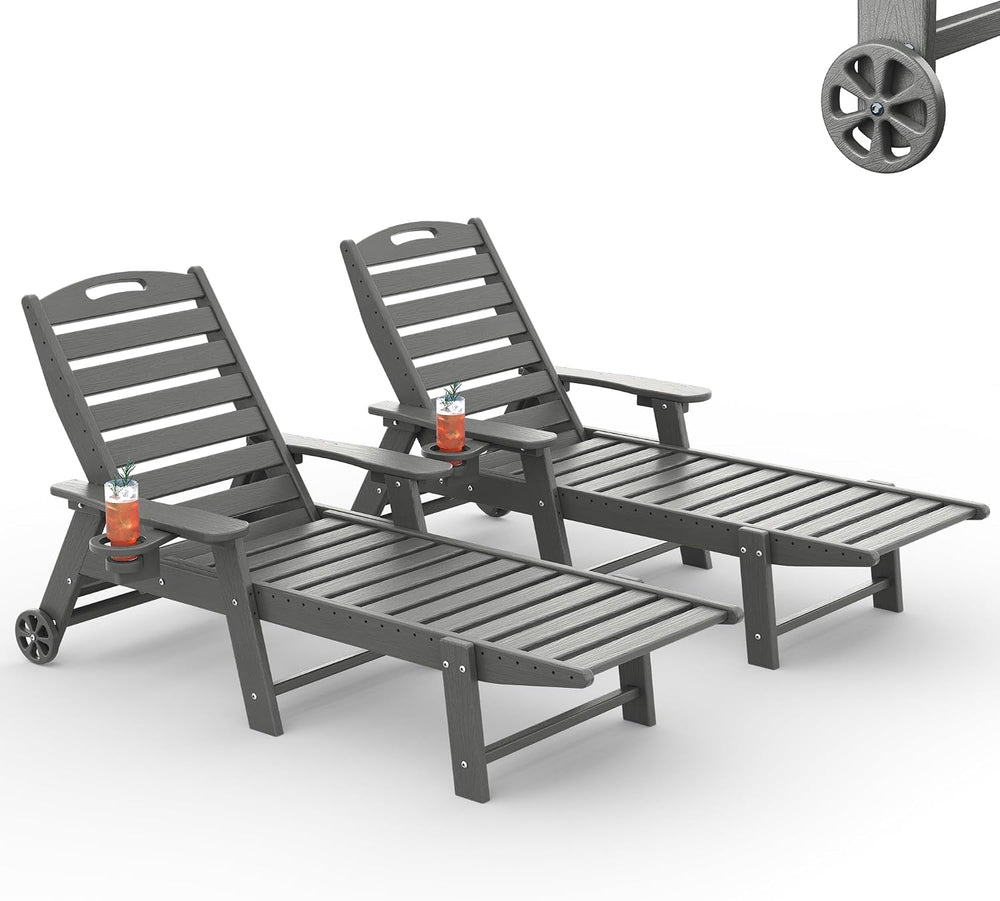 HDPE Outdoor Chaise Lounge Chair Set of 2, 77.8" Length,Dark Grey