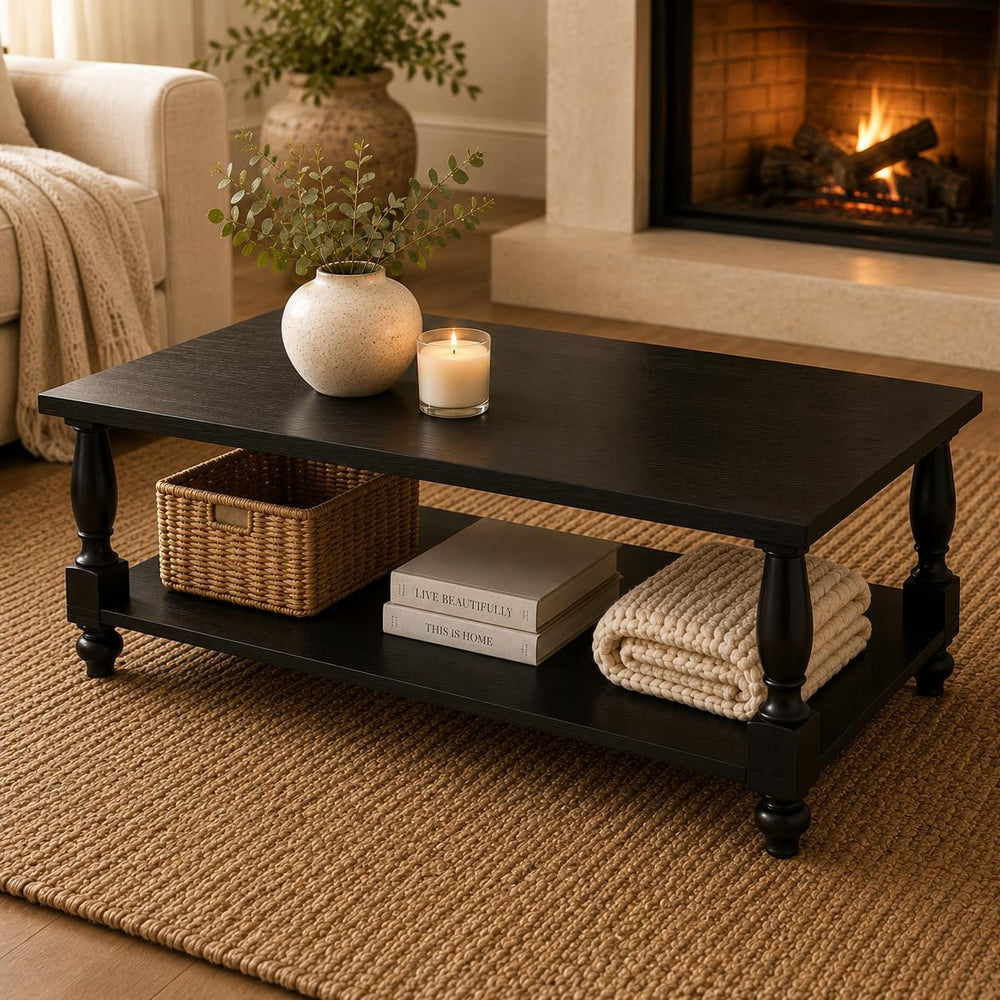 Homieasy 47" Farmhouse Coffee Table with Storage, Rectangular Wood, Black