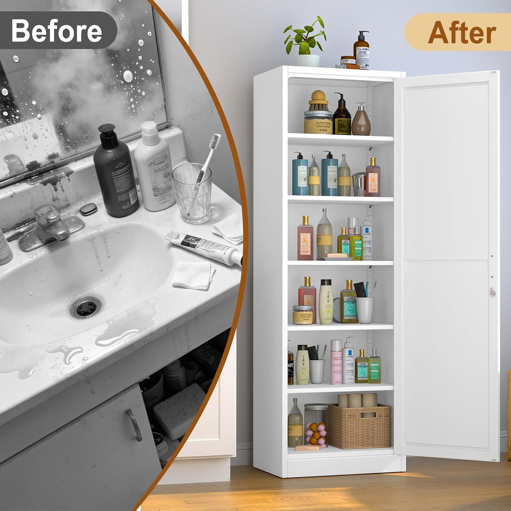 Tall Metal Narrow Bathroom Storage Locker Cabinet 67" H, White Kitchen P...