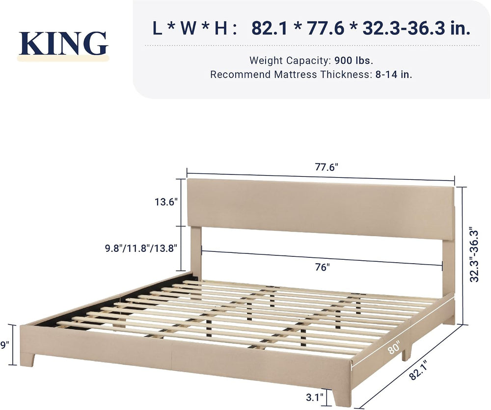 Allewie King Size Upholstered Bed Frame Adjustable Headboard, Beige