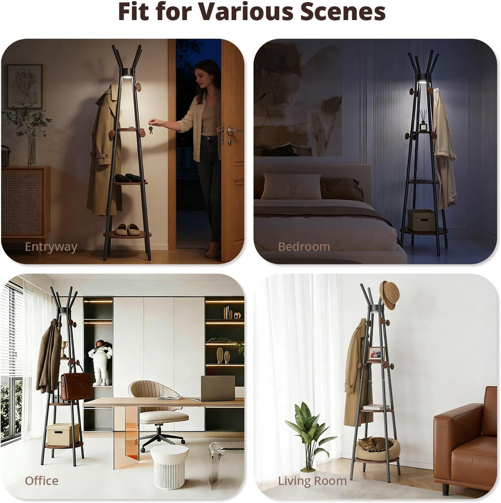 young master Freestanding Coat Rack with Light, 12 Hooks & 3 Wood Shelves...