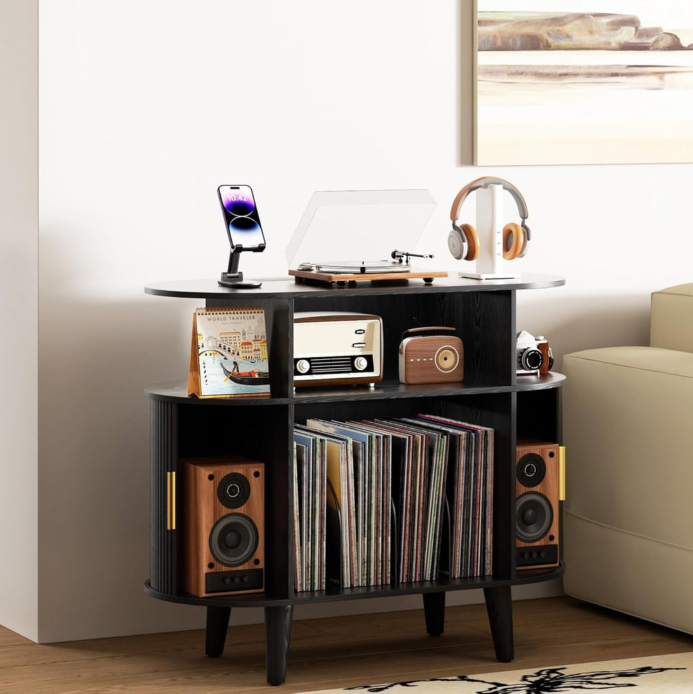 LUVIOHOME Large Round Record Player Stand with Charging Station & USB Ports