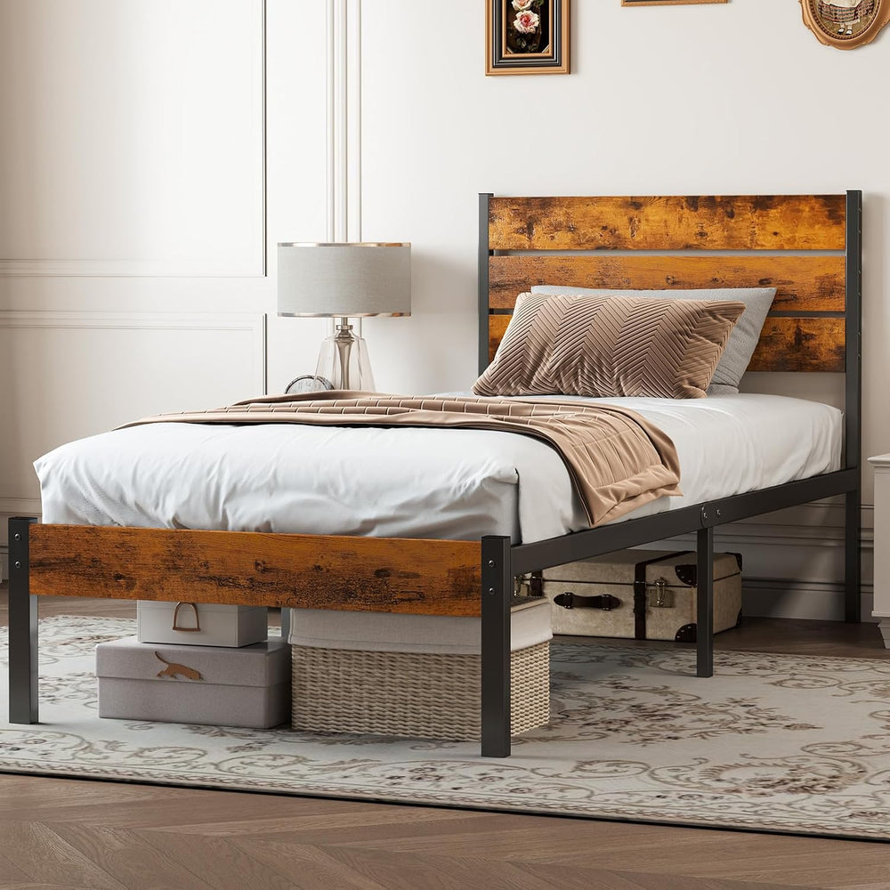 OLIXIS Twin Platform Bed Frame with Wooden Headboard and Footboard, Heavy Dut...
