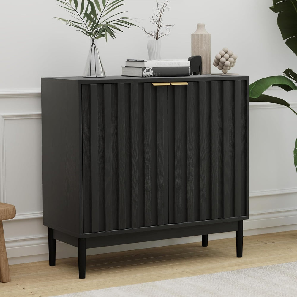 Otterease Fluted Buffet Cabinet with Storage, Small Accent Cabinets, Black