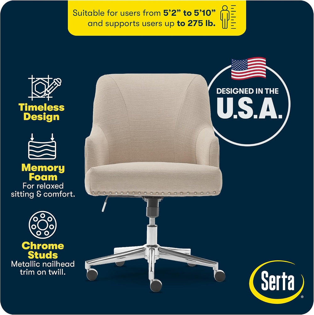 Serta Leighton Home Office Desk Chair, Mid-Back with Chrome Nailheads, Memory...