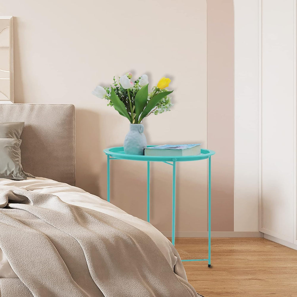 Garden 4 you End Table Metal Side Table Green Round Folding Tray Cyan Sofa Sm...