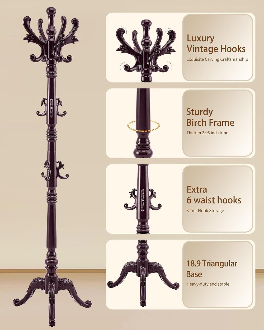 EZIVIEZ Coat Rack Vintage Solid Wood Coat Rack Freestanding with 14 Hooks