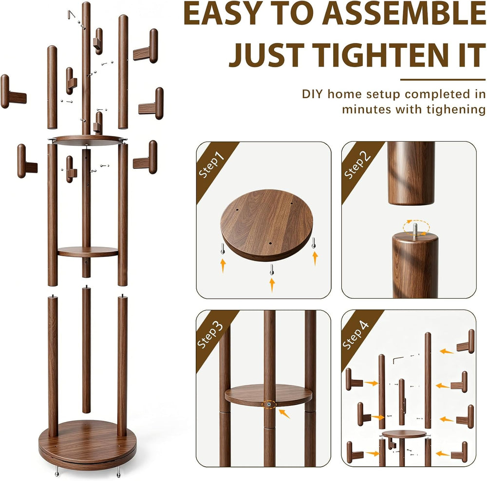 Rotary Coat Rack Freestanding - Solid Wood Coat Tree with 9 hooks & 3 Sto...