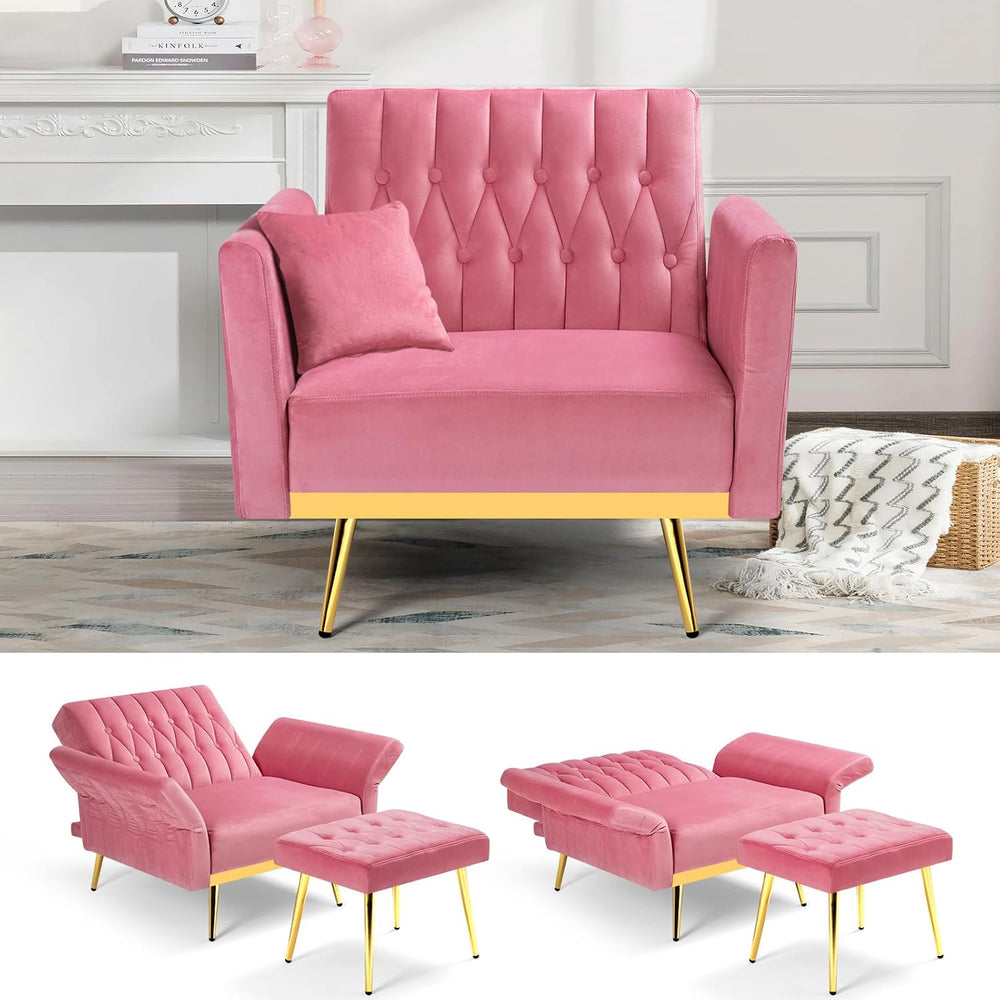 Velvet Accent Chair w/Adjustable Backrest & Armrests, Pink