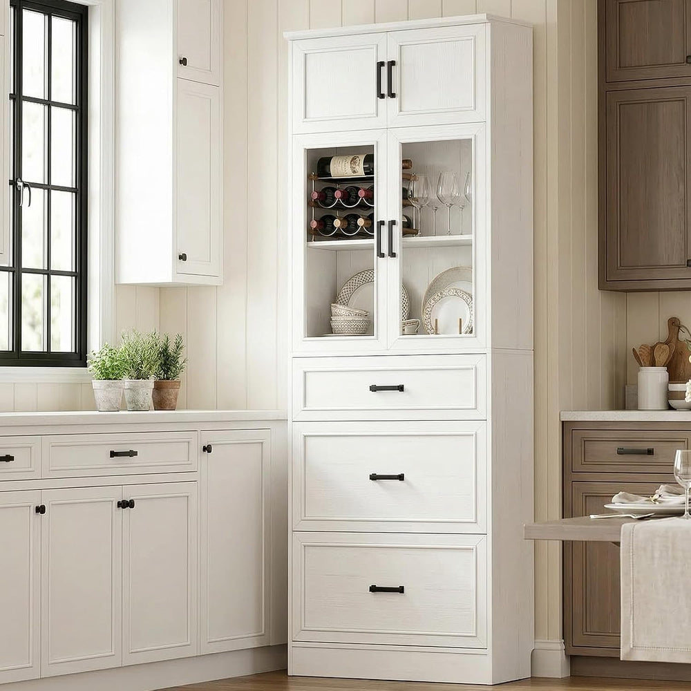 Unikito 80" Kitchen Pantry Cabinet with Glass Door and 3 Drawer Organizers