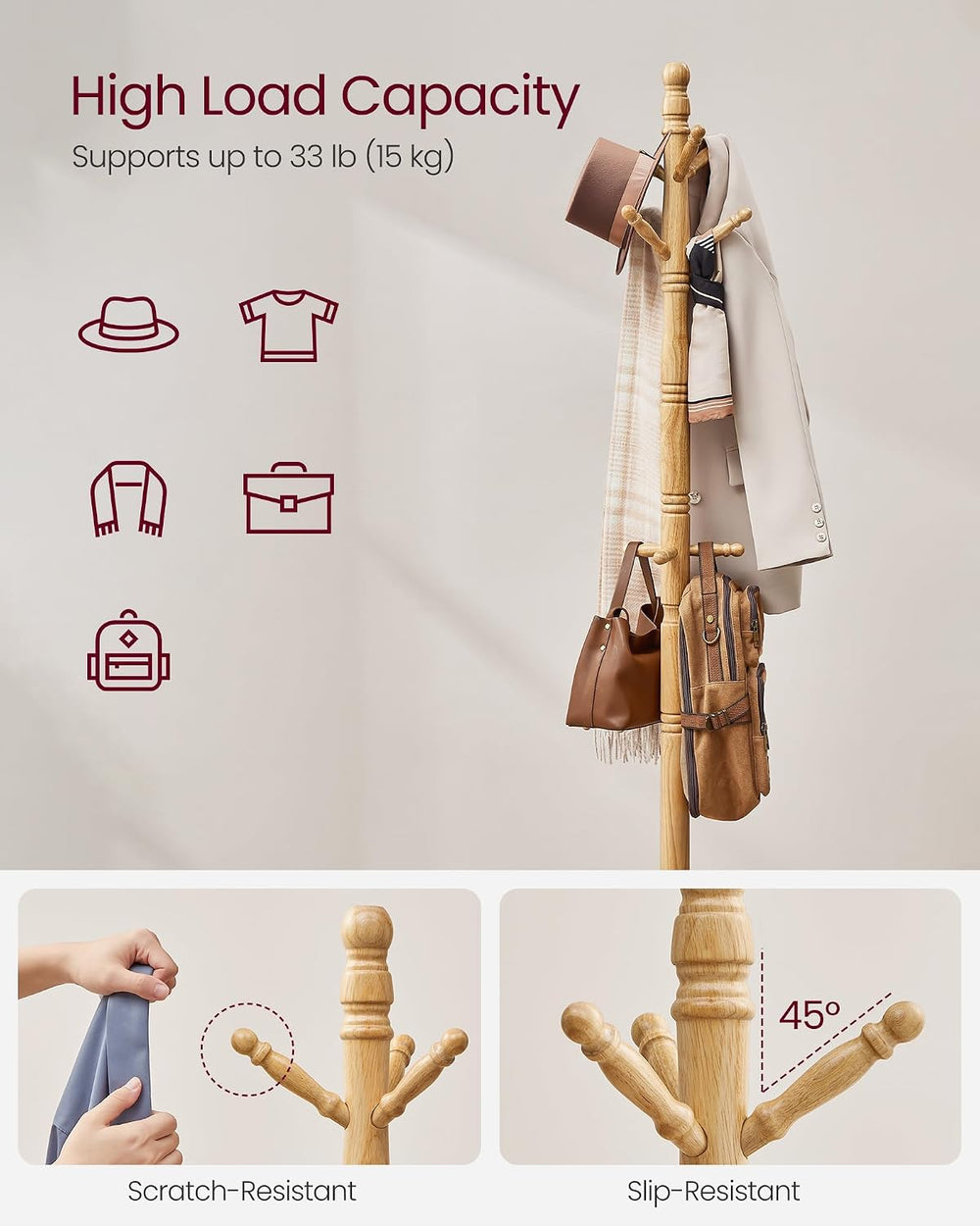VASAGLE Freestanding Coat Rack, Rubber Wood Coat Tree with 9 Hooks