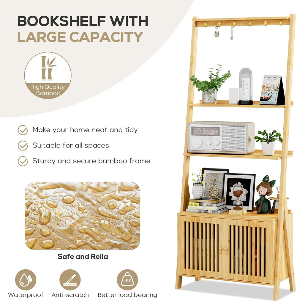 Bookshelf with Drawers, 4-Tier Bamboo Bookcase Ladder Shelf with 6 Hooks